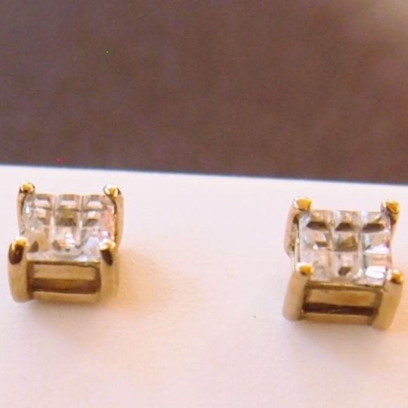 NOS 14 K. Gold Over .925 Sterling Silver Diamond Earring Studs 6mm x 6mm - Picture 4 of 4
